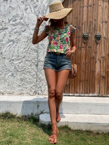 SHEIN Clasi Allover Floral Print Ruffle Trim Blouse - Multicolor - View 5