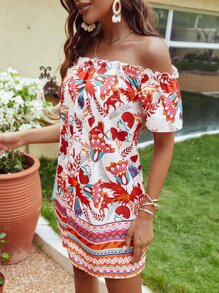 SHEIN VCAY Floral Print Off Shoulder Frill Trim Dress - Multicolor - View 5
