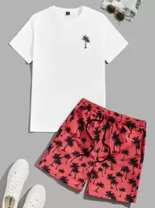 Manfinity VCAY Men Coconut Tree Print Tee & Drawstring Waist Shorts - Multicolor - View 1