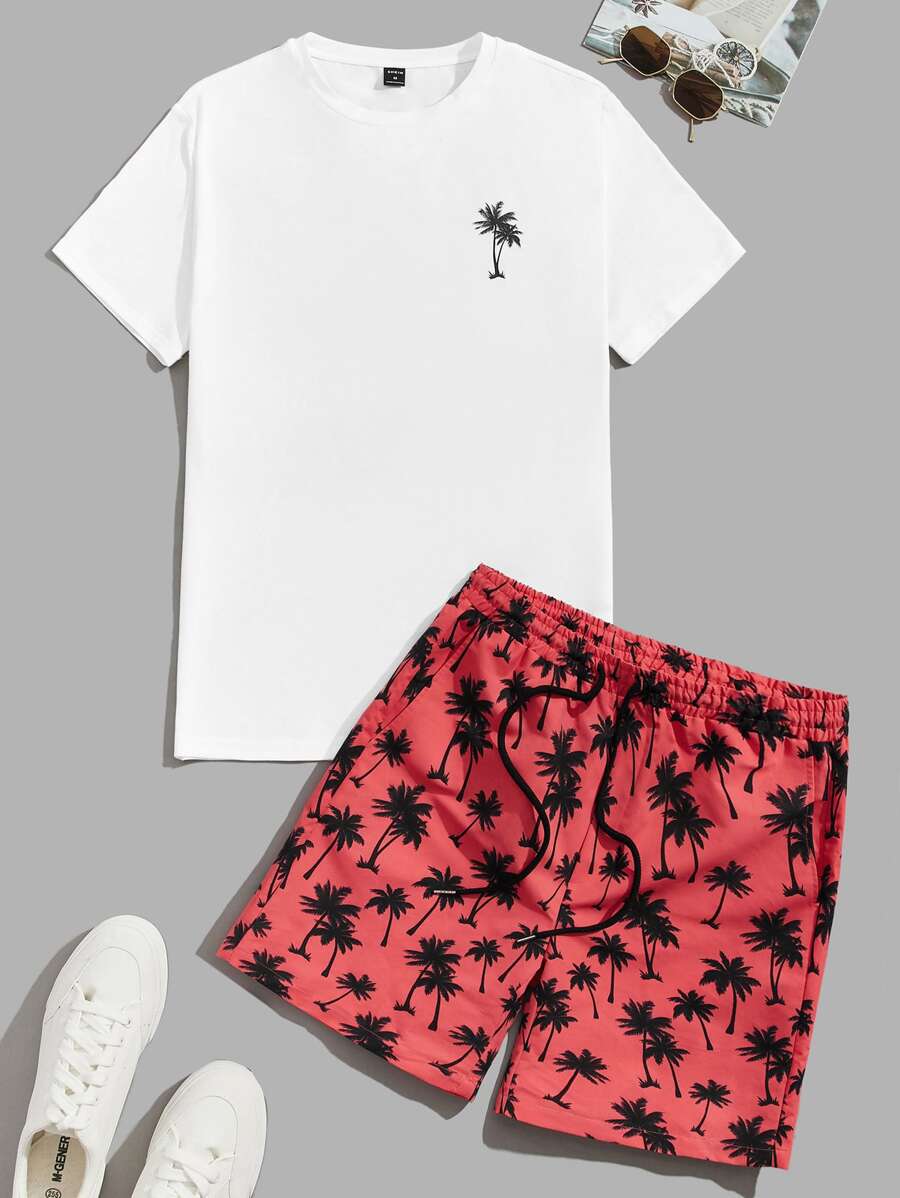 Manfinity VCAY Men Coconut Tree Print Tee & Drawstring Waist Shorts - Multicolor - View 1