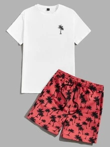 Manfinity VCAY Men Coconut Tree Print Tee & Drawstring Waist Shorts - Multicolor - View 3