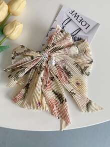 1个碎花蝴蝶结和仿珍珠装饰法式发夹，优雅情人节发夹，爪夹，发卡，学生用品，大学，珍珠发饰，蝴蝶结，可爱，头部饰品，发夹 - 彩色 - 查看 3