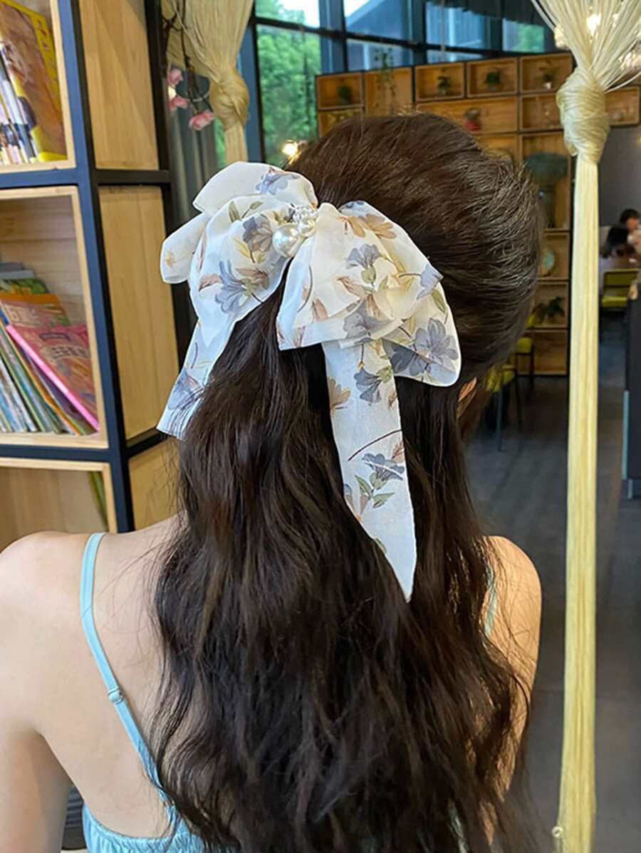 Nơ in hoa & Kẹp tóc trang trí bằng ngọc trai giả - trắng - Xem 1