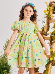 女孩滿版印花泡泡袖褶皺連衣裙不附帶髮箍 - 彩色 - 查看 1