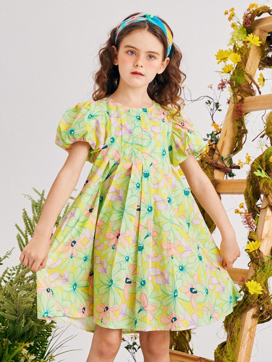 女孩滿版印花泡泡袖褶皺連衣裙不附帶髮箍 - 彩色 - 查看 1