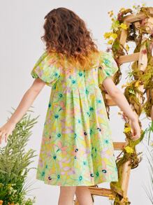 女孩滿版印花泡泡袖褶皺連衣裙不附帶髮箍 - 彩色 - 查看 2
