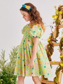 女孩滿版印花泡泡袖褶皺連衣裙不附帶髮箍 - 彩色 - 查看 3