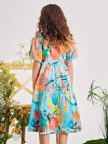 女孩塗鴉圖案泡泡袖荷葉邊連衣裙不附帶髮箍 - 彩色 - 查看 2