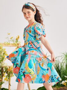 女孩塗鴉圖案泡泡袖荷葉邊連衣裙不附帶髮箍 - 彩色 - 查看 3