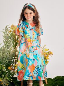 女孩塗鴉圖案泡泡袖荷葉邊連衣裙不附帶髮箍 - 彩色 - 查看 4