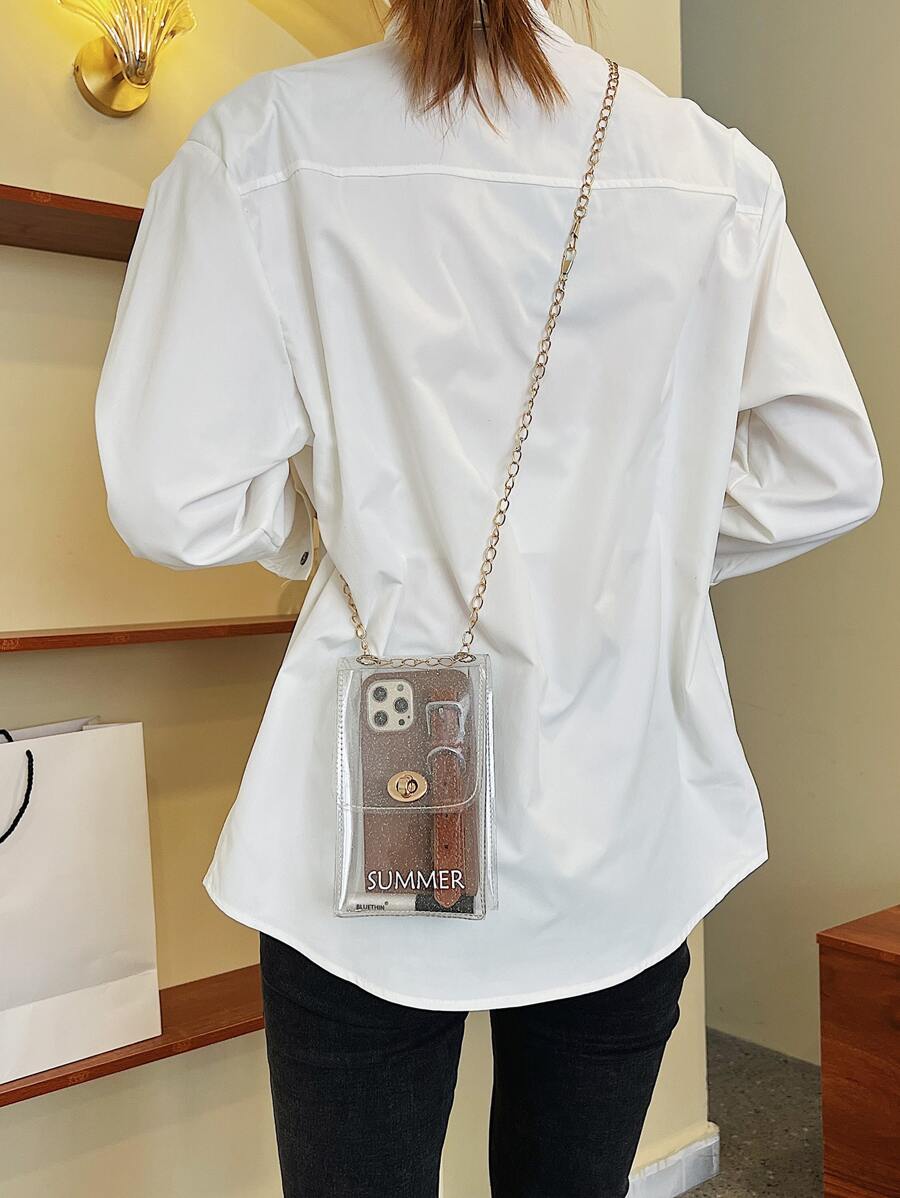 Mini Phone Bag, Transparent Chain Crossbody Bag With Letter Pattern, Summer Bag, Phone Pouch, Women Wallet - Clear - View 1