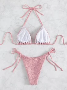 Bikini halter texturizado de triángulo con corbatas laterales - Rosa - Ver 3