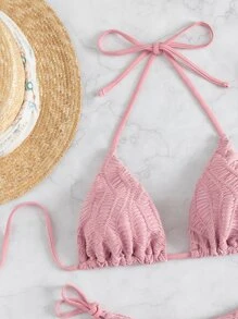 Bikini halter texturizado de triángulo con corbatas laterales - Rosa - Ver 4