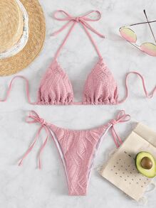 Bikini halter texturizado de triángulo con corbatas laterales - Rosa - Ver 7