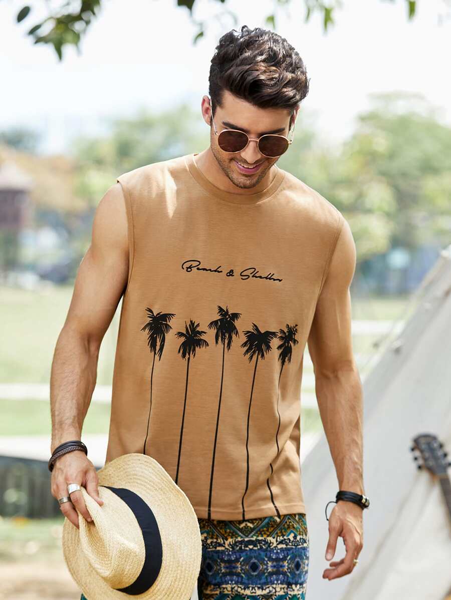 Manfinity RSRT Men Letter & Tropical Print Tank Top - Camel - View 1
