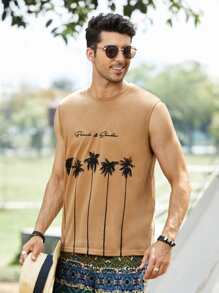 Manfinity RSRT Men Letter & Tropical Print Tank Top - Camel - View 3
