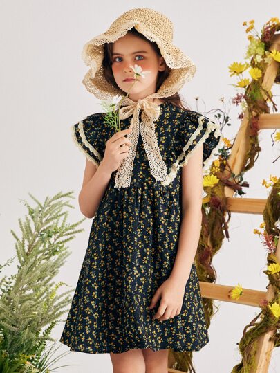 Girls Ditsy Floral Frilled Neck Ruffle Trim Dress