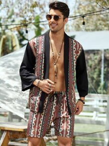Manfinity RSRT Loose Fit Men's Geometric Print Kimono & Shorts - Multicolor - View 1