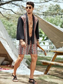 Manfinity RSRT Loose Fit Men's Geometric Print Kimono & Shorts - Multicolor - View 3
