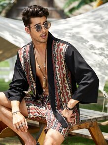 Manfinity RSRT Loose Fit Men's Geometric Print Kimono & Shorts - Multicolor - View 4