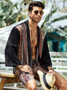 Manfinity RSRT Loose Fit Men's Geometric Print Kimono & Shorts - Multicolor - View 5