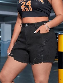 大碼破洞毛邊牛仔短褲 - 黑色 - 查看 3