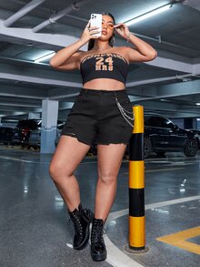 大碼破洞毛邊牛仔短褲 - 黑色 - 查看 5