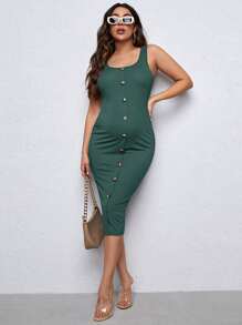 SHEIN Maternity Button Detail Bodycon Dress - Dark Green - View 1