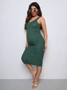 SHEIN Maternity Button Detail Bodycon Dress - Dark Green - View 4