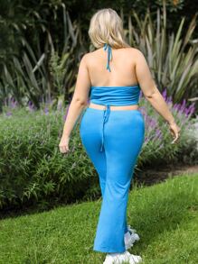 SHEIN EZwear Top halter unicolor con cordón delantero de espalda abierta con pantalones - Azul - Ver 2