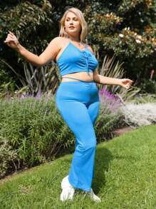 SHEIN EZwear Top halter unicolor con cordón delantero de espalda abierta con pantalones - Azul - Ver 4