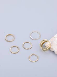 6 Cái/bộ Nhẫn Knuckle Kiểu Sóng Xoắn Ngọc Trai Giả - Vàng - Xem 2