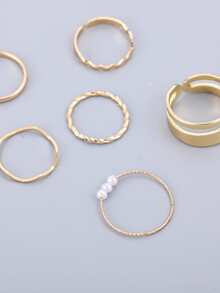 6 Cái/bộ Nhẫn Knuckle Kiểu Sóng Xoắn Ngọc Trai Giả - Vàng - Xem 3