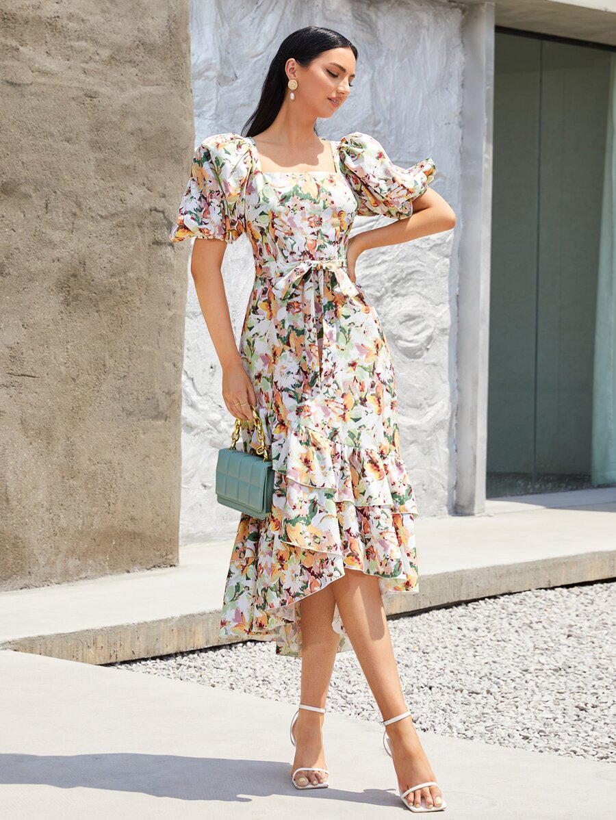 SHEIN Clasi Vestido con cinturón con estampado floral de manga farol bajo a capas - Multicolor - Ver 1