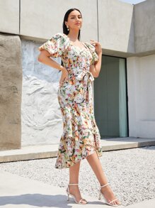 SHEIN Clasi Vestido con cinturón con estampado floral de manga farol bajo a capas - Multicolor - Ver 4