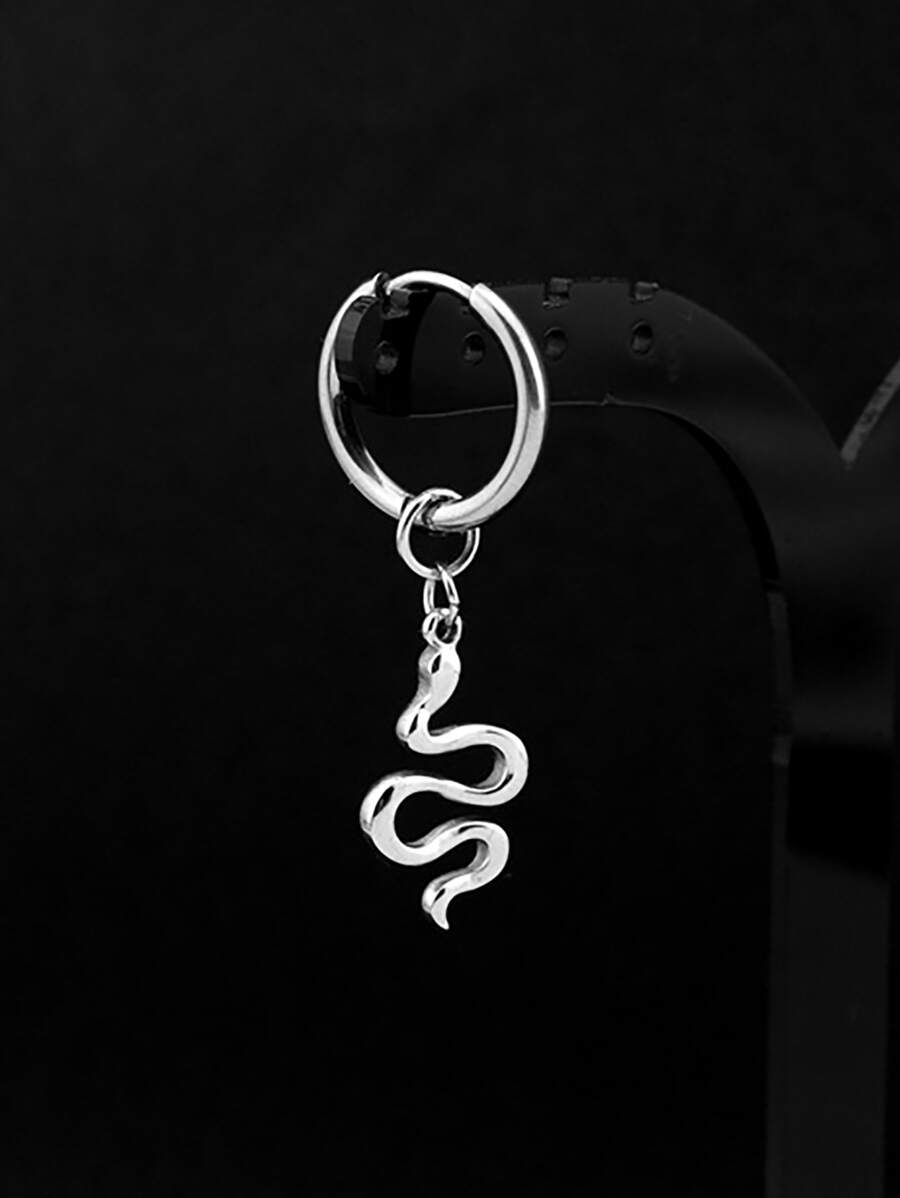 時尚流行1入組式男士蛇形吊式耳環不銹鋼朋克嘻哈風格適合珠寶禮物和時尚外觀 - 銀色 - 查看 1
