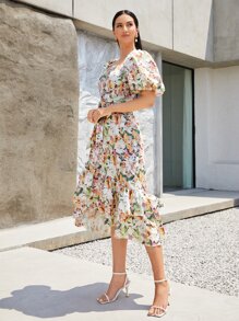 SHEIN Clasi Vestido con cinturón con estampado floral de manga farol bajo a capas - Multicolor - Ver 5