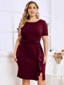 MIUSOL Hơn Đầm Chất rắn Nút phía trước Xù Viền Ruffle - Màu Tím - Xem 3