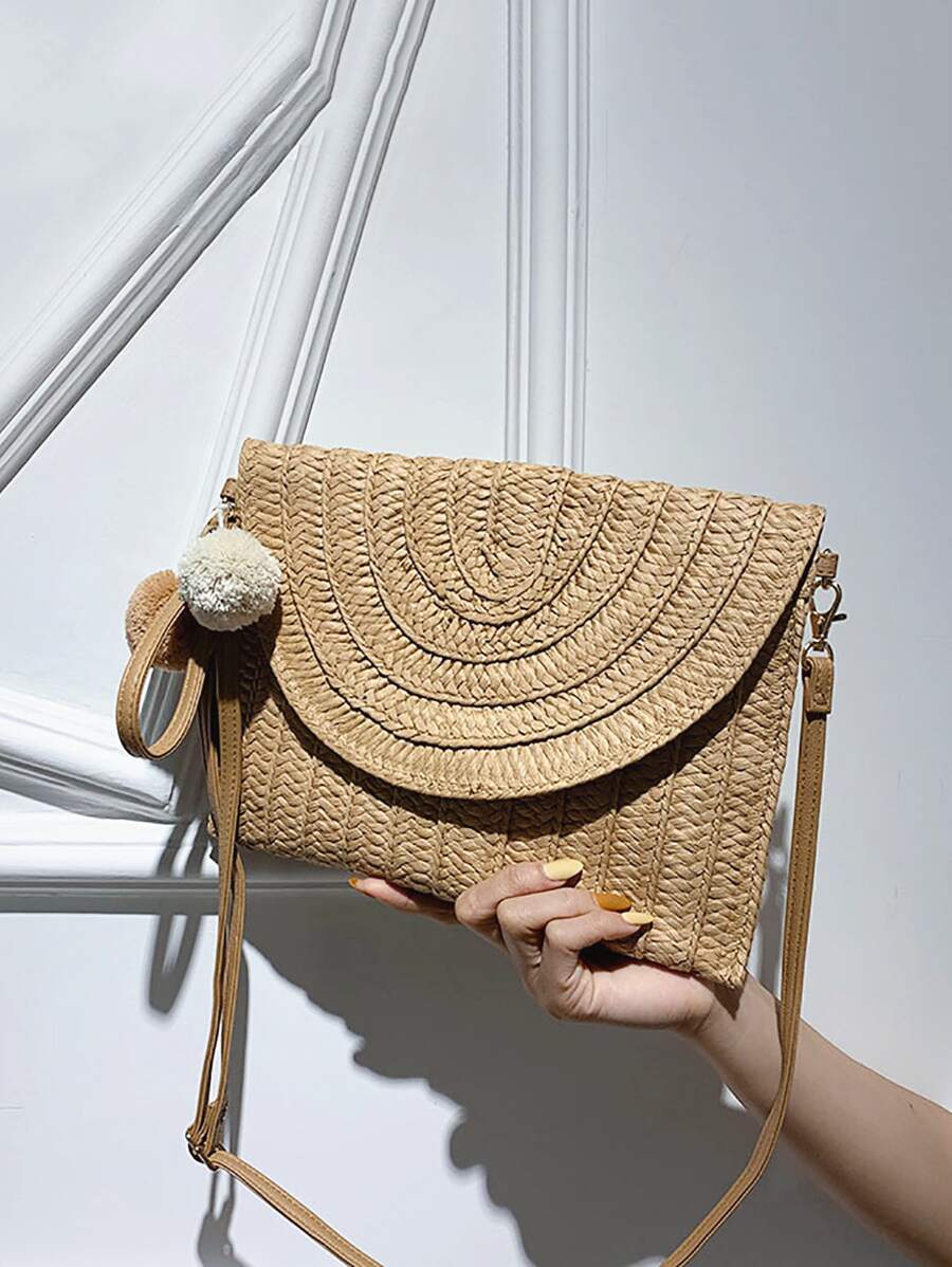 極簡風格翻蓋草編包附包飾 - 卡其色 - 查看 1