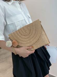 極簡風格翻蓋草編包附包飾 - 卡其色 - 查看 2