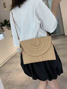 極簡風格翻蓋草編包附包飾 - 卡其色 - 查看 4