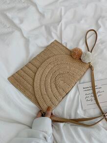 極簡風格翻蓋草編包附包飾 - 卡其色 - 查看 5