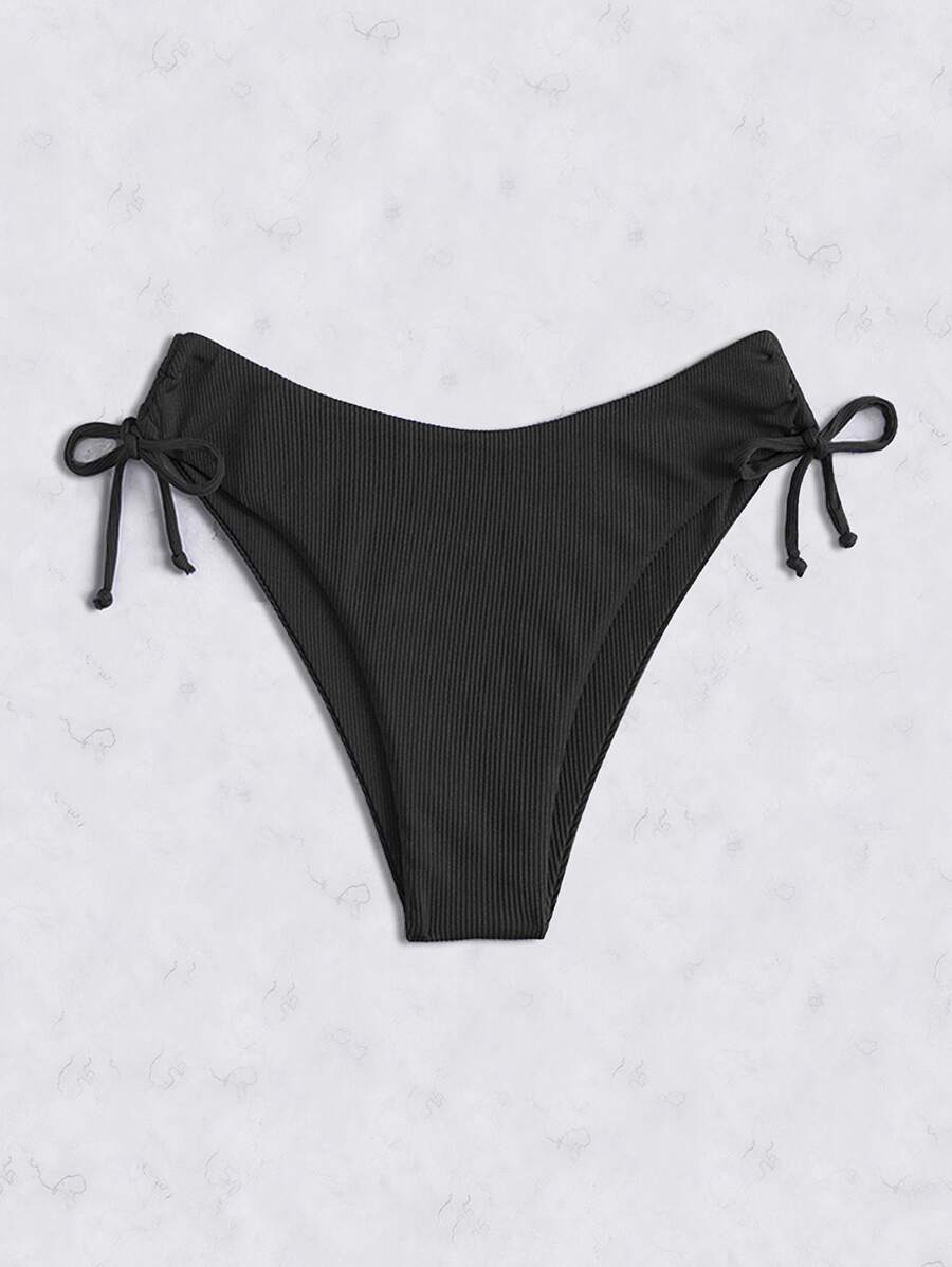 SHEIN Swim Summer Rib Tie Side Bikini Panty Bathing Suit Bottoms - Black - View 1