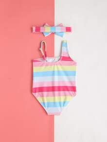 Baby Girl Block Striped One Piece Swimsuit With Headband - Multicolor - View 2