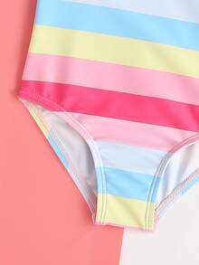 Baby Girl Block Striped One Piece Swimsuit With Headband - Multicolor - View 5