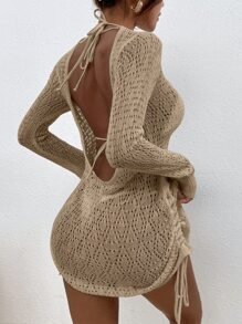 SHEIN Swim Áo che Nữ Dây kéo Buộc lại màu trơn - Màu Khaki - Xem 2