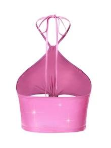 Buckled Detail Cut Out Halter Top - Hot Pink - View 2