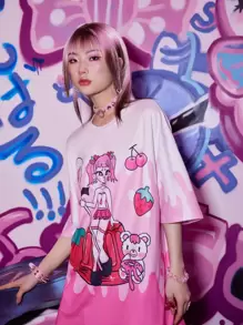 ROMWE Anime Áo thun nữ Hoạt hình Rau quả Giải trí - Hồng - Xem 3