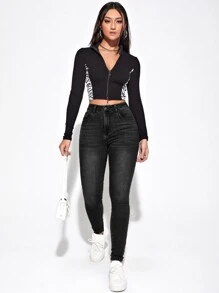 SHEIN Essnce Quần jean nữ Nút Túi Dây kéo màu trơn - màu đen - Xem 3