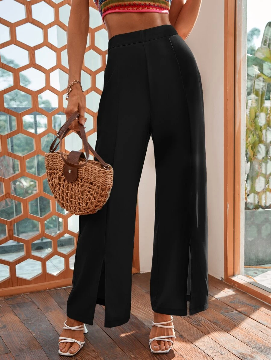 SHEIN VCAY Split Hem Wide Leg Trousers - Black - View 1